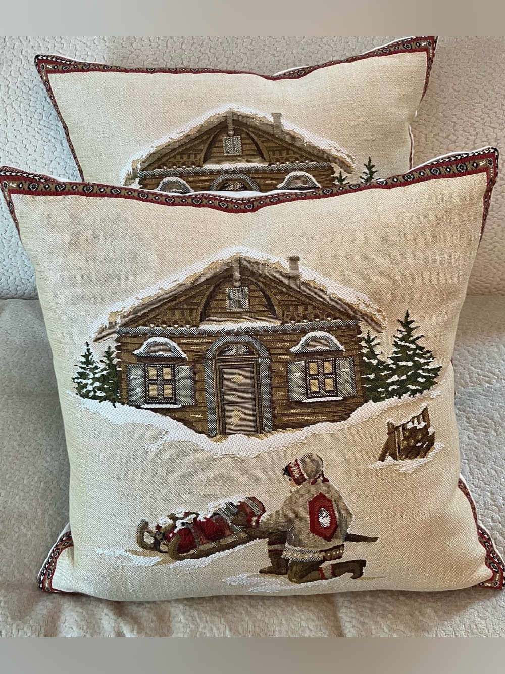 Hines of Oxford Pillows (2) Tapestry Winter Cabin Inuit Snow Sled 18x18 Velvet